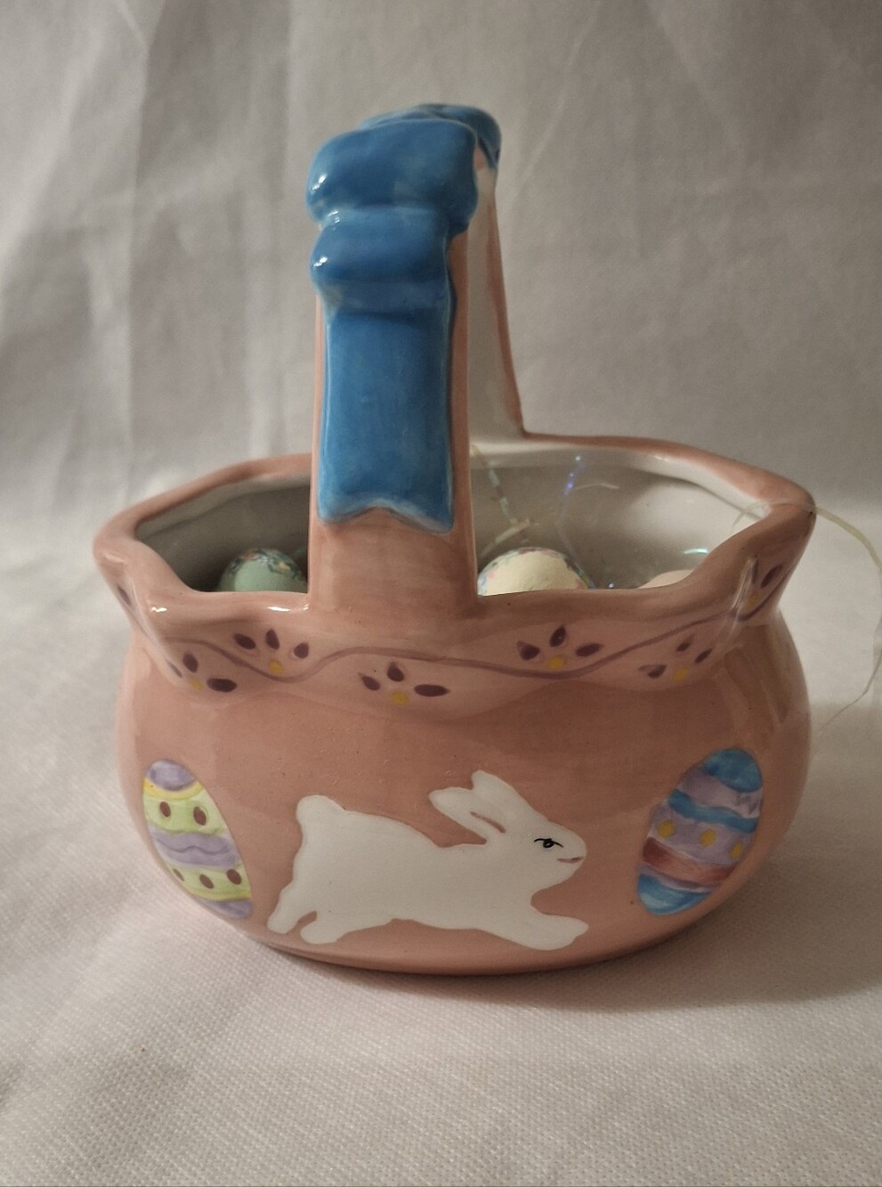 Charming Unbranded Pink Ceramic Easter Basket with Blue Handle
